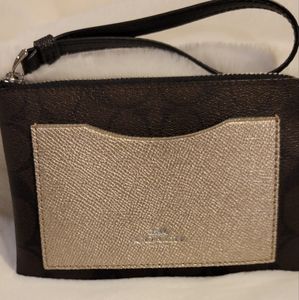 Coach Wristlet Dark Brown Signature With Gold Front Pocket 4 X 6